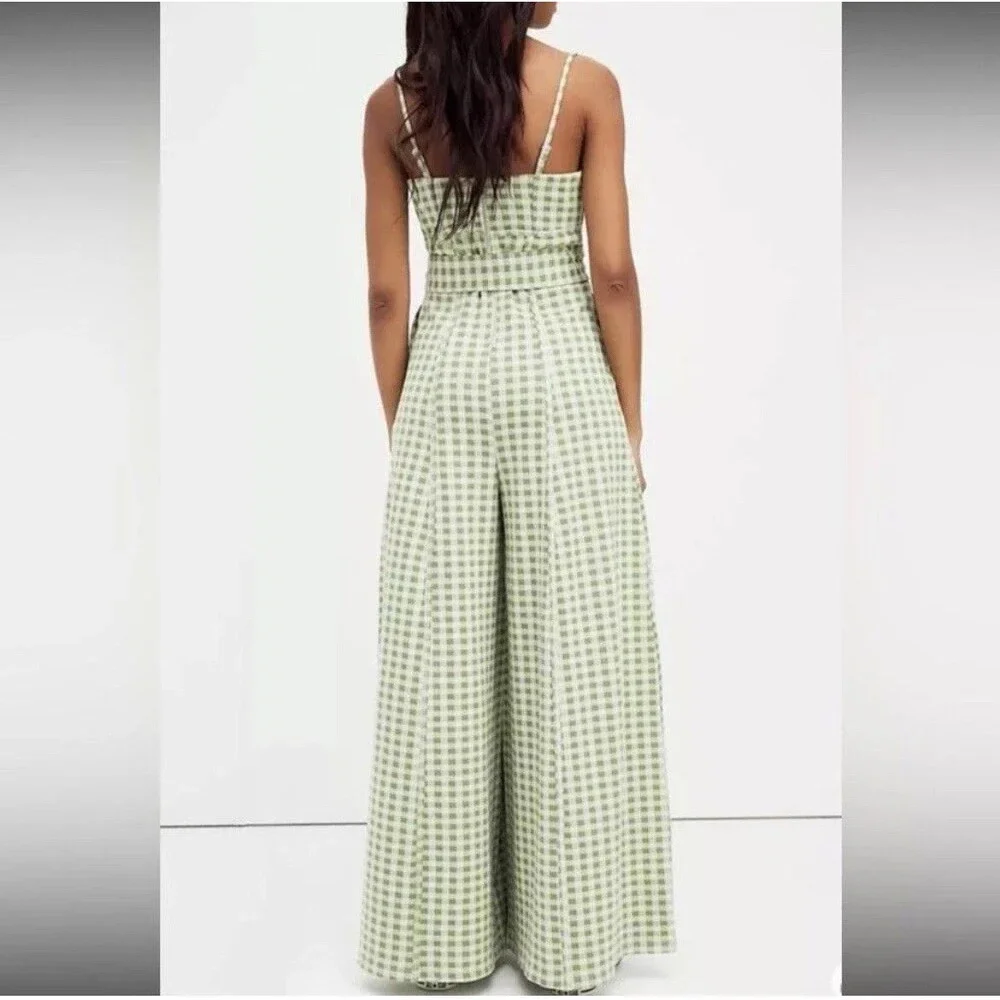 Free People Hold Me Tights Gingham Wide Leg Jumpsuit Green Linen Blend Size XS